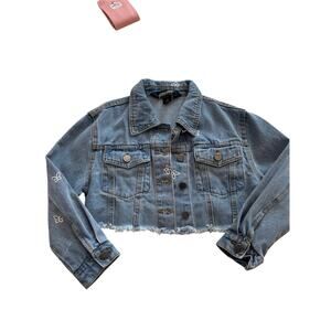 JouJou s cropped jean jacket denim butterflies white embroidered nwot